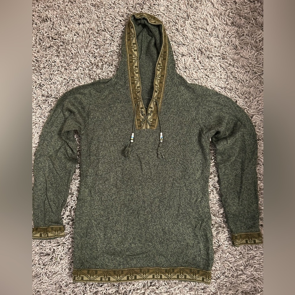 Authentic Wool Hooded Sweater with Patterned Trim from Peru